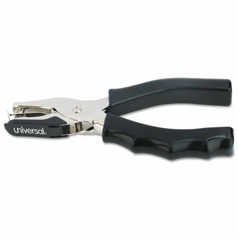Universal Eight-Sheet Handheld One-Hole Punch, 1/4" Holes, Metal with Rubber Grip, Black