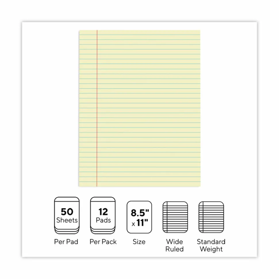 Universal Glue Top Pads, Wide/Legal Rule, (50) Canary Yellow 8.5 x 11 Sheets, Dozen
