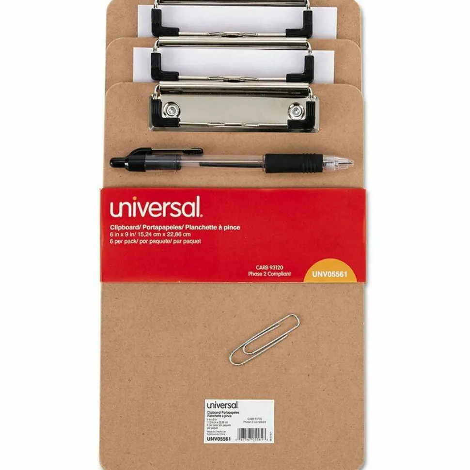 Universal Hardboard Clipboard with Low-Profile Clip, 0.5" Clip Capacity, Holds 5 x 8 Sheets, Brown, 6/Pack