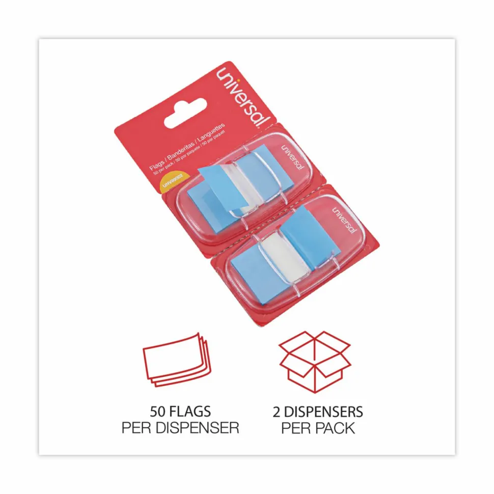 Universal Page Flags, Blue, 50 Flags/Dispenser, 2 Dispensers/Pack
