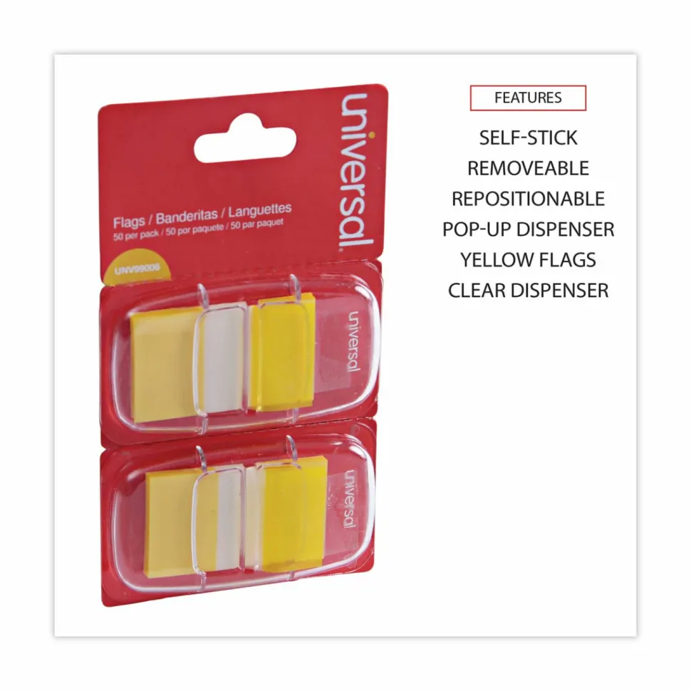 Universal Page Flags, Yellow, 50 Flags/Dispenser, 2 Dispensers/Pack