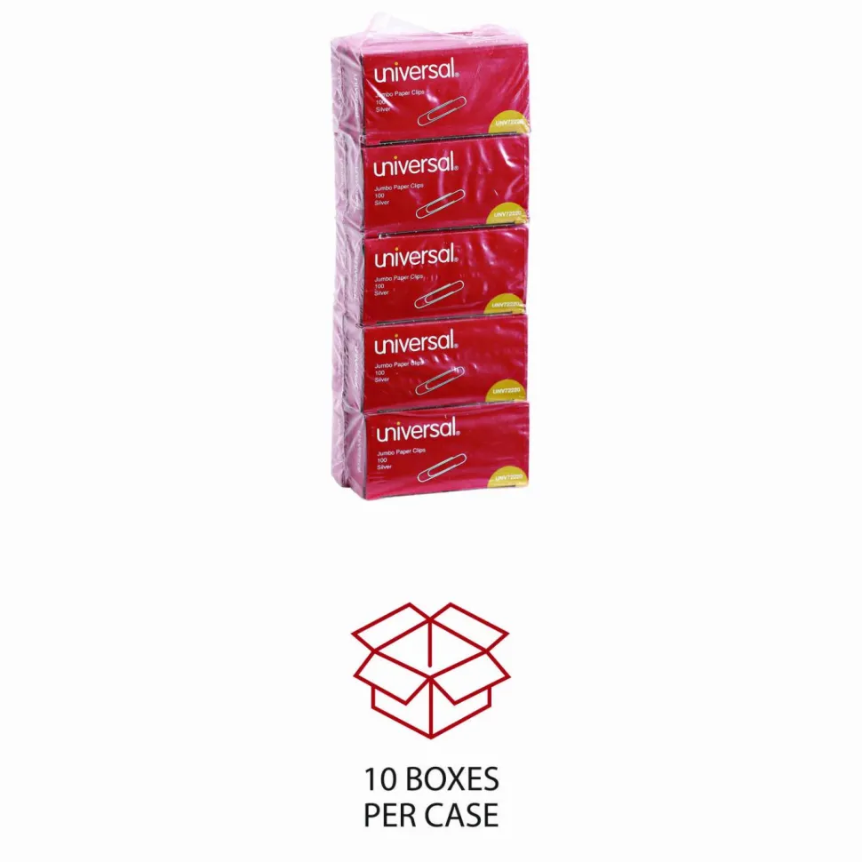 Universal Paper Clips, Jumbo, Smooth, Silver, 100 Clips/Box, 10 Boxes/Pack
