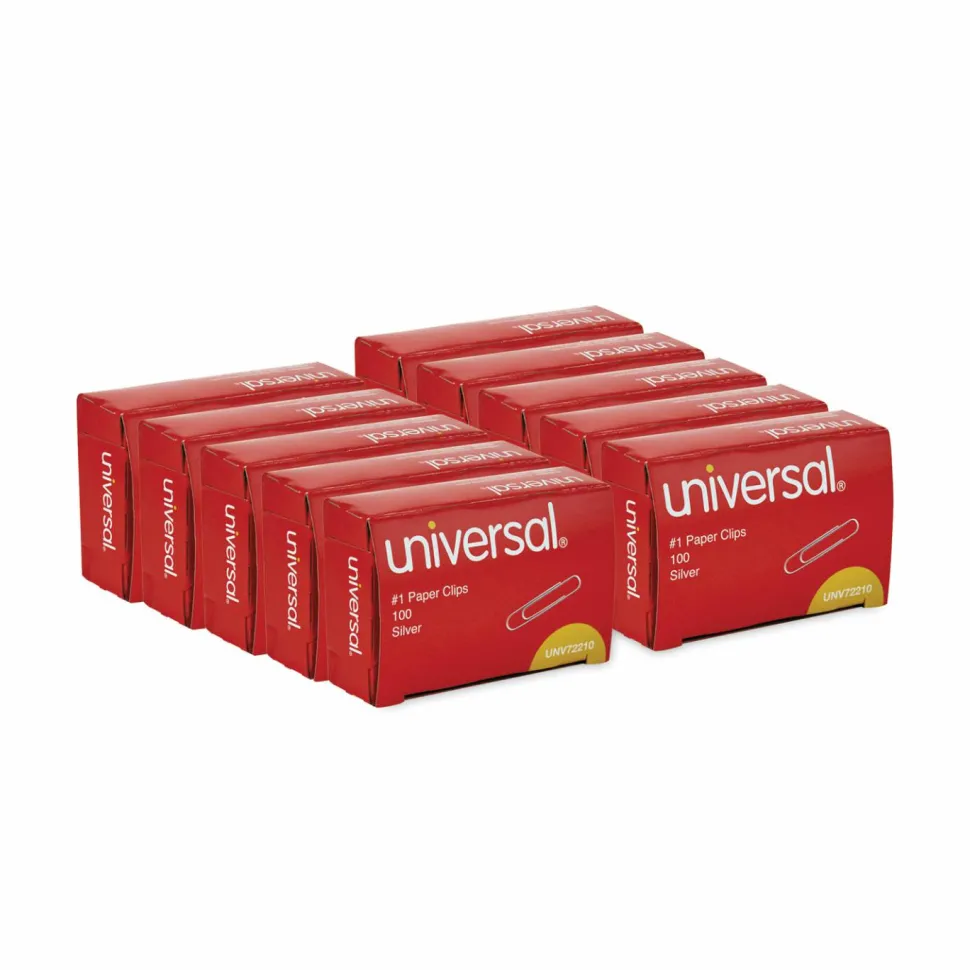 Universal Paper Clips, #1, Smooth, Silver, 100 Clips/Box, 10 Boxes/Pack