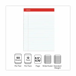 Universal Perforated Ruled Writing Pads, Red Headband, Wide/Legal Rule, (50) White 8.5 x 11 Sheets, Dozen