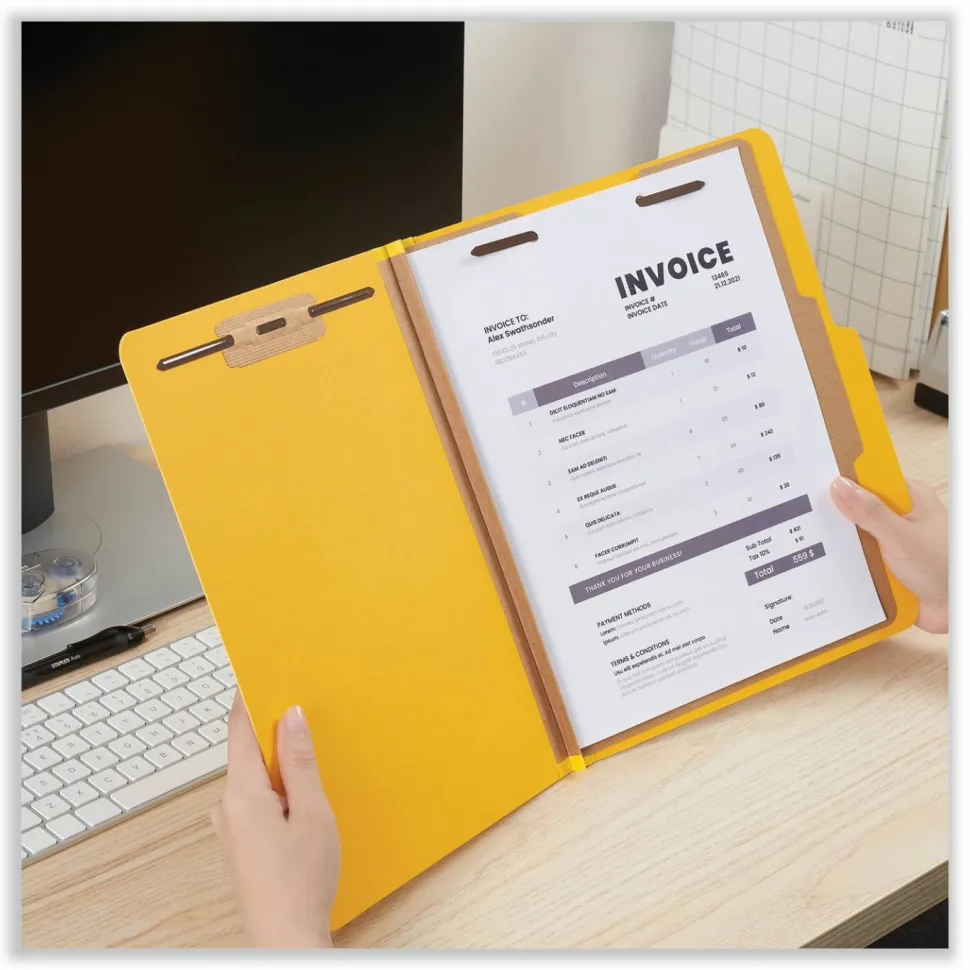 Universal Pressboard Classification Folders, 2/5-Cut Tab, Expands 2", 1 Divider, 4 Fasteners, Letter Size, Yellow, 10/Box