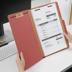 Universal Pressboard Classification Folders, 2/5-Cut Tab: Right of Center, Expands 2", 2 Dividers, 6 Fasteners, Legal Size, Red, 10/Box
