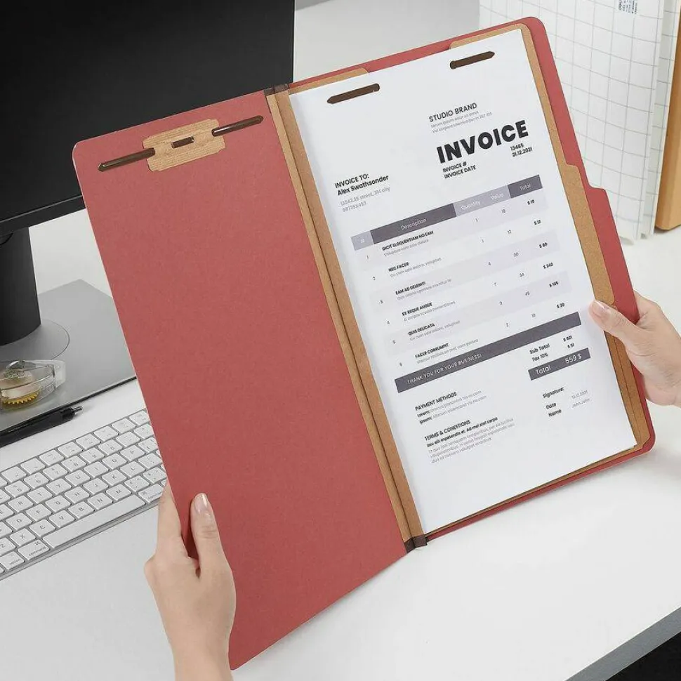 Universal Pressboard Classification Folders, 2/5-Cut Tab: Right of Center, Expands 2", 2 Dividers, 6 Fasteners, Legal Size, Red, 10/Box
