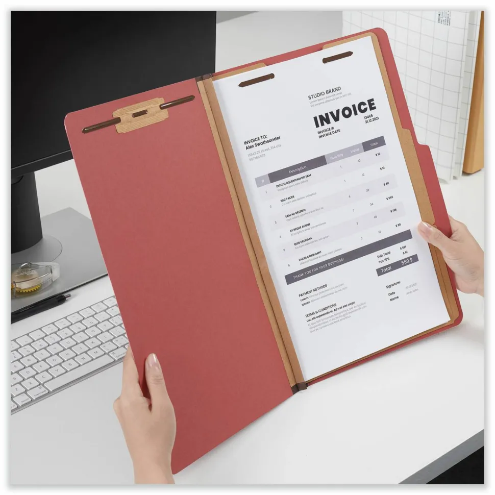 Universal Pressboard Classification Folders, 2/5-Cut Tab: Right of Center, Expands 2", 2 Dividers, 6 Fasteners, Legal Size, Red, 10/Box