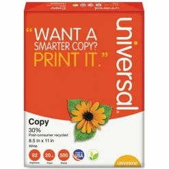 Universal 30% Recycled Copy Paper, 92 Bright, 20 lb Bond Weight, 8.5 x 11, White, 500 Sheets/Ream, 10 Reams/Carton