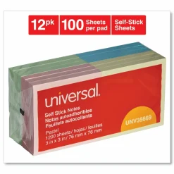 Universal Self-Stick Note Pads, 3" x 3", Assorted Pastel Colors, 100 Sheets/Pad, 12 Pads/Pack