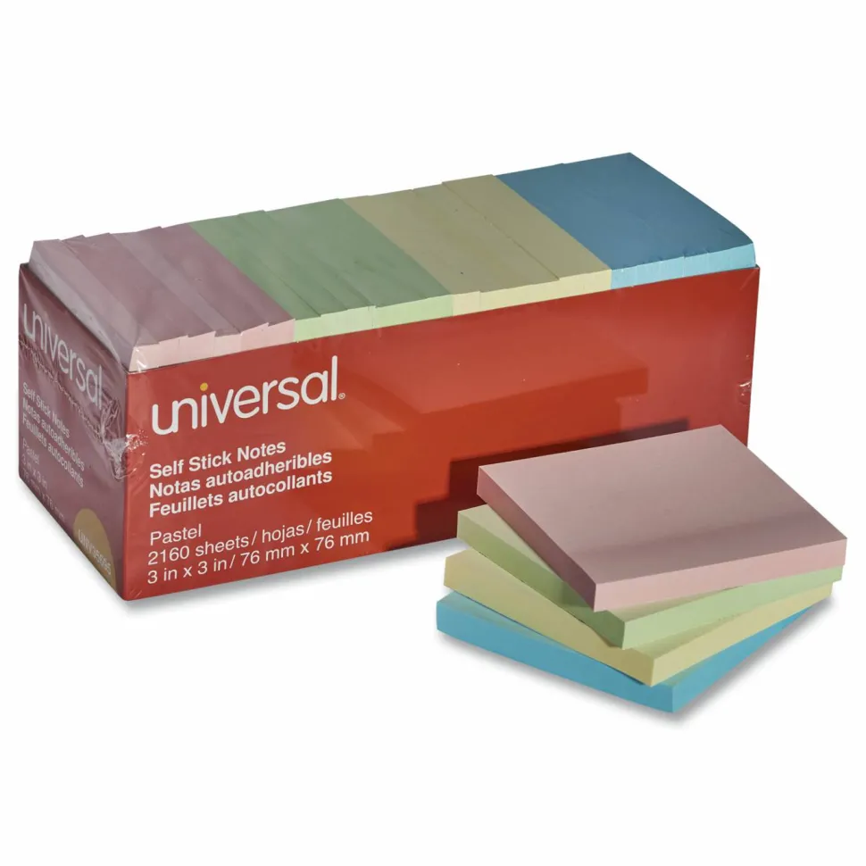 Universal Self-Stick Note Pad Cabinet Pack, 3" x 3", Assorted Pastel Colors, 90 Sheets/Pad, 24 Pads/Pack