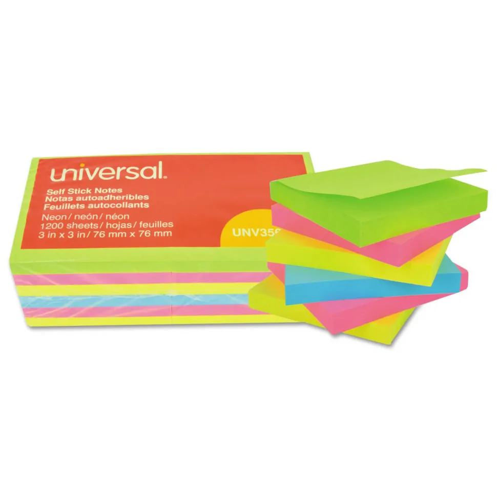 Universal Self-Stick Note Pads, 3" x 3", Assorted Neon Colors, 100 Sheets/Pad, 12 Pads/Pack