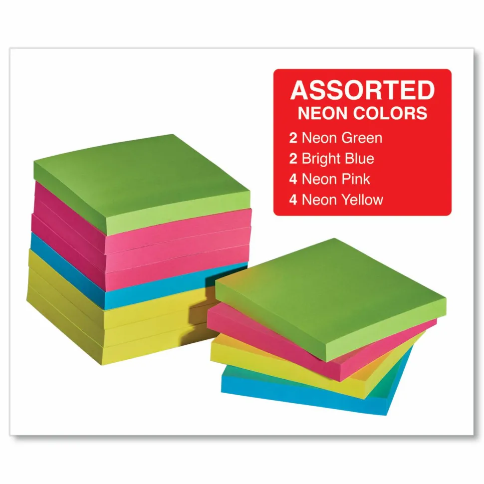 Universal Self-Stick Note Pads, 3" x 3", Assorted Neon Colors, 100 Sheets/Pad, 12 Pads/Pack