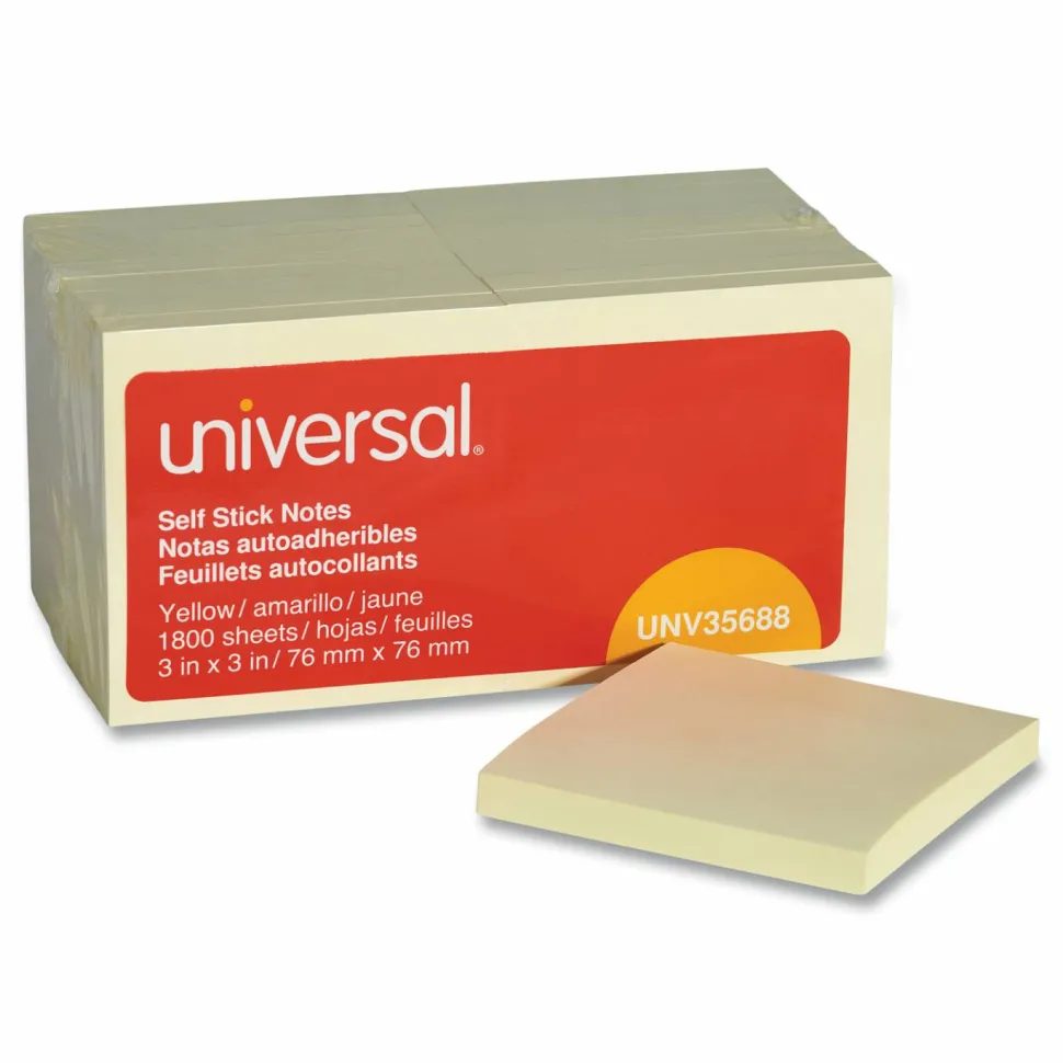 Universal Self-Stick Note Pad Value Pack, 3" x 3", Yellow, 100 Sheets/Pad, 18 Pads/Pack