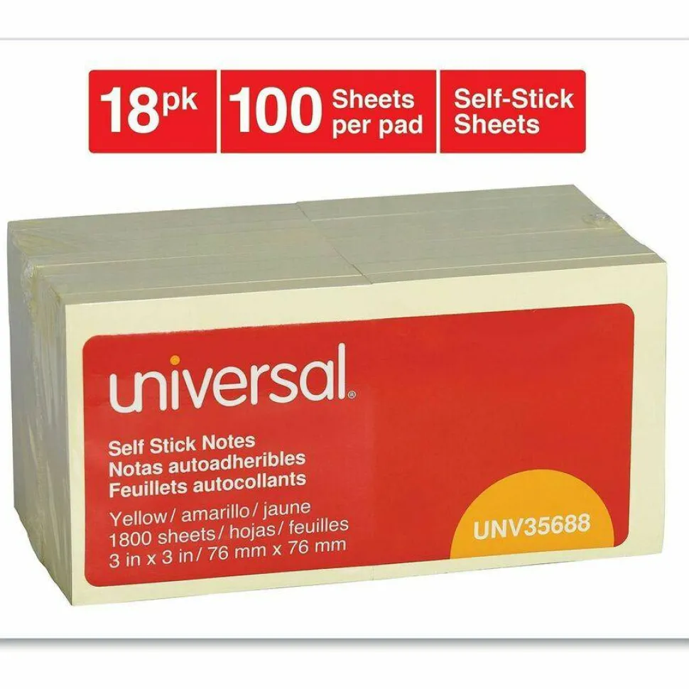 Universal Self-Stick Note Pad Value Pack, 3" x 3", Yellow, 100 Sheets/Pad, 18 Pads/Pack