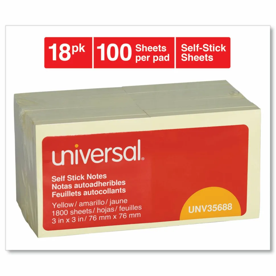 Universal Self-Stick Note Pad Value Pack, 3" x 3", Yellow, 100 Sheets/Pad, 18 Pads/Pack