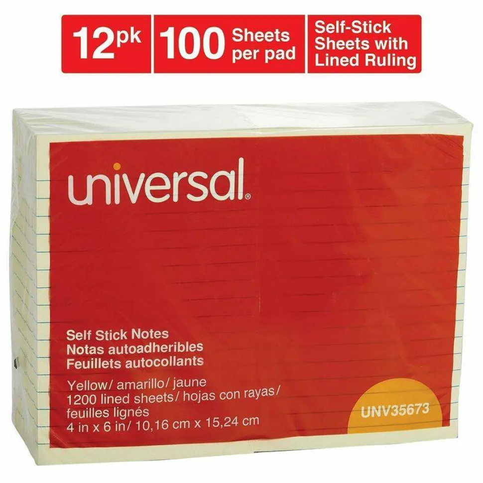 Universal Self-Stick Note Pads, Note Ruled, 4" x 6", Yellow, 100 Sheets/Pad, 12 Pads/Pack