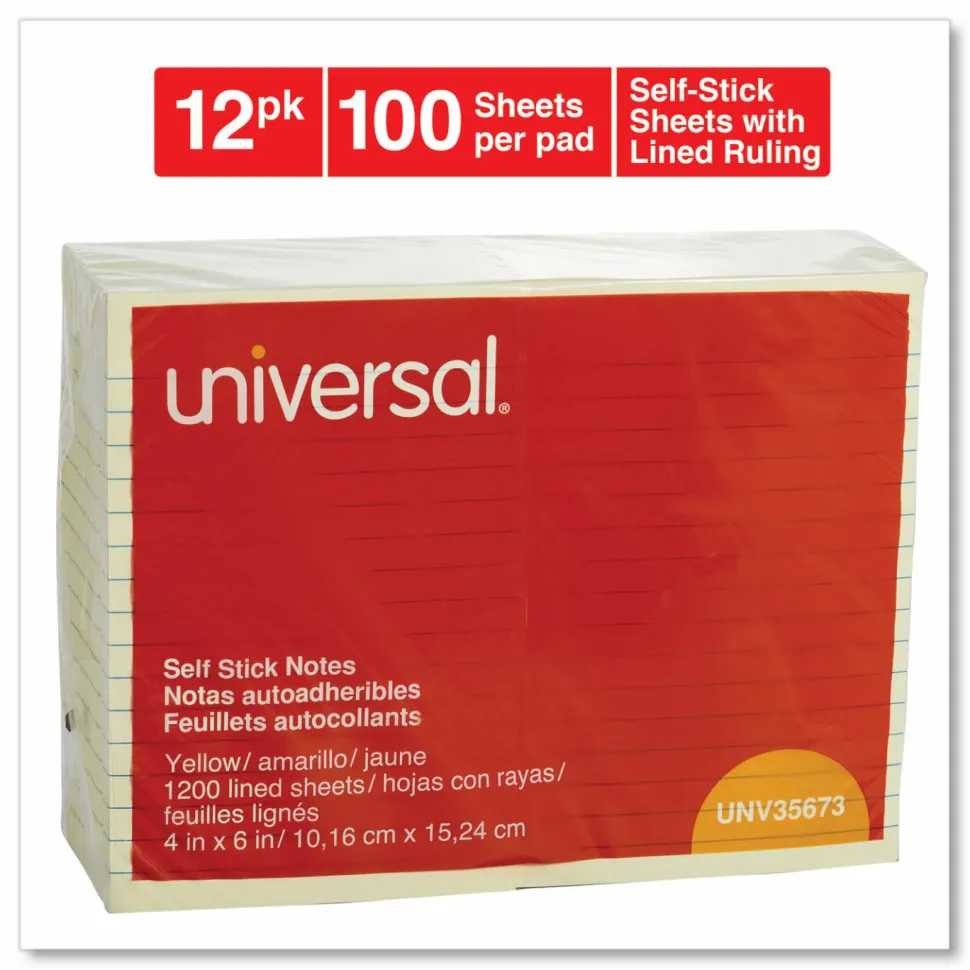 Universal Self-Stick Note Pads, Note Ruled, 4" x 6", Yellow, 100 Sheets/Pad, 12 Pads/Pack