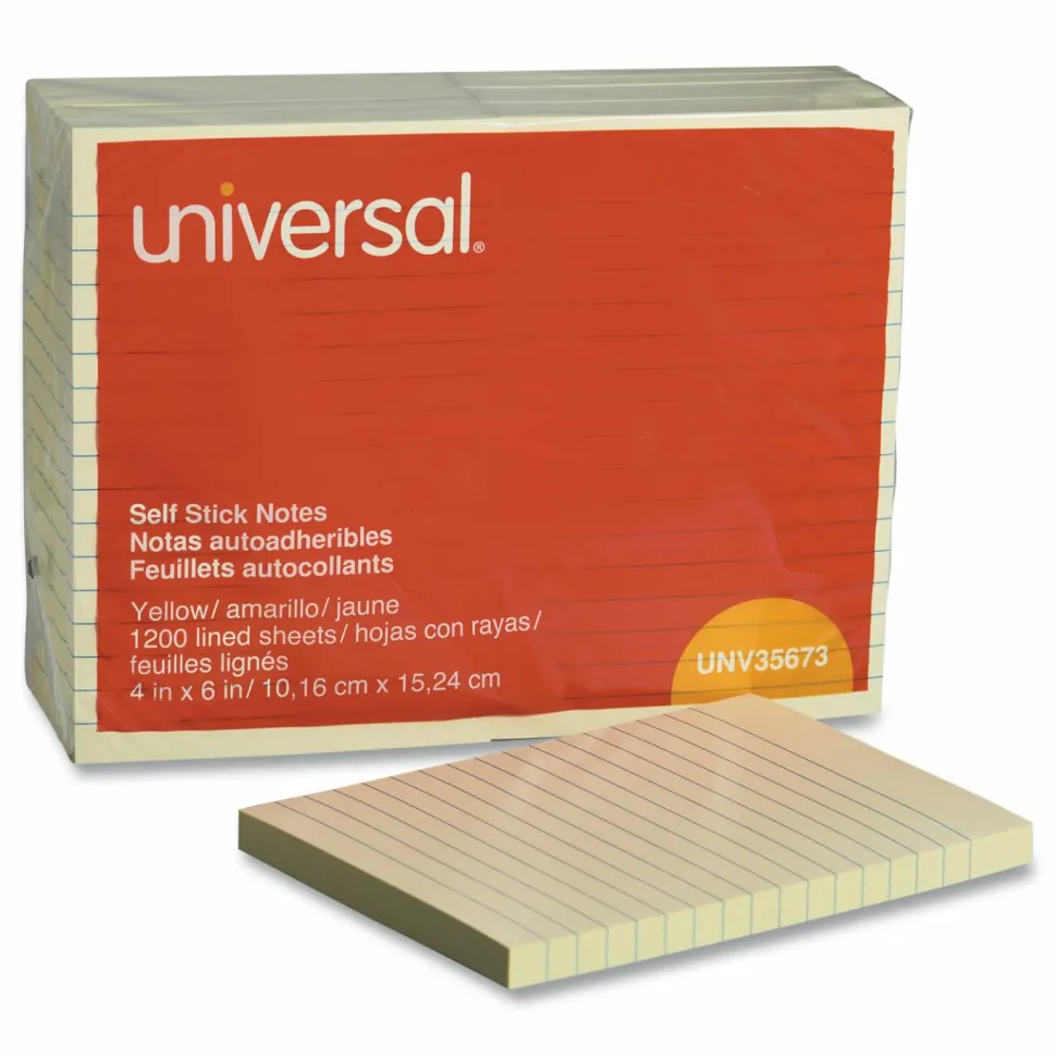 Universal Self-Stick Note Pads, Note Ruled, 4" x 6", Yellow, 100 Sheets/Pad, 12 Pads/Pack