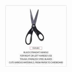 Universal Stainless Steel Office Scissors, 8" Long, 3.75" Cut Length, Straight Black Handle