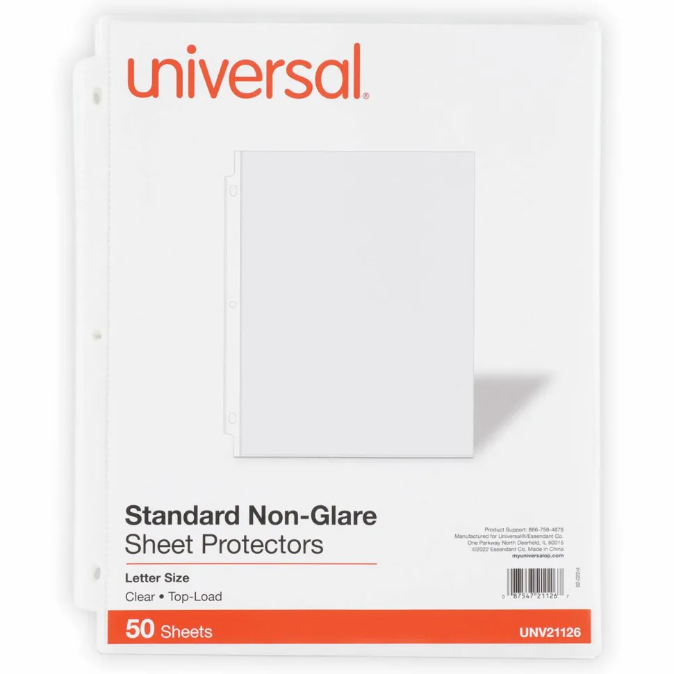 Universal Standard Sheet Protectors, Medium-Duty, Side: 3-Hole Punched, Top Load 8.5 x 11 Insert, Nonglare Clear Front, 50/Pack
