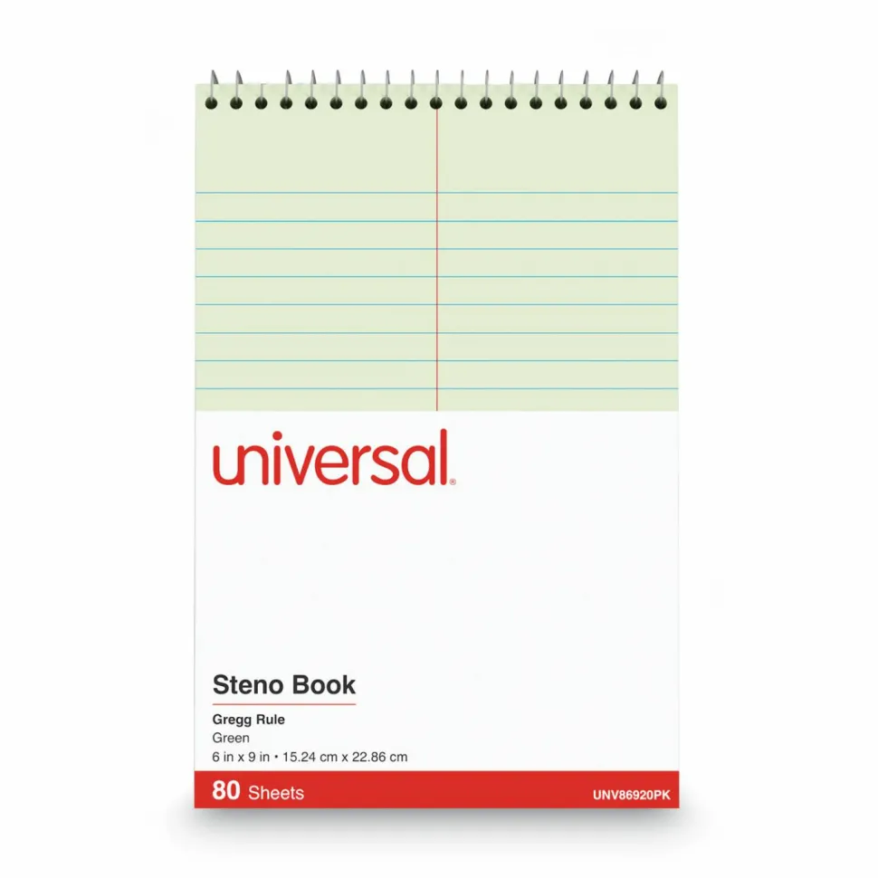 Universal Steno Pads, Red Cover, Gregg Rule, (80) Green-Tint 6 x 9 Sheets, 6/Pack