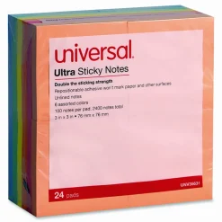 Universal Ultra Sticky Note Pads, 3" x 3", Assorted, 100 Sheets/Pad, 24 Pads/Pack