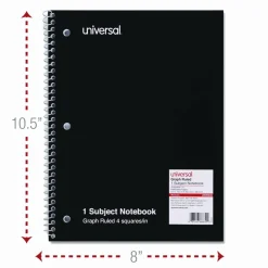 Universal Wirebound Notebook, 1-Subject, Quadrille Rule (4 sq/in), Black Cover, (70) 10.5 x 8 Sheets