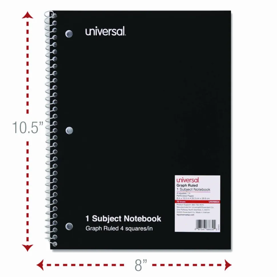 Universal Wirebound Notebook, 1-Subject, Quadrille Rule (4 sq/in), Assorted Cover Colors, (70) 10.5 x 8 Sheets, 4/Pack
