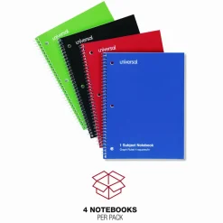 Universal Wirebound Notebook, 1-Subject, Quadrille Rule (4 sq/in), Assorted Cover Colors, (70) 10.5 x 8 Sheets, 4/Pack