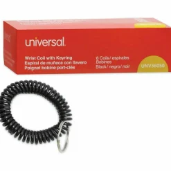 Universal Wrist Coil Plus Key Ring, Plastic, Black, 6/Pack