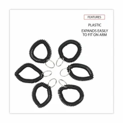 Universal Wrist Coil Plus Key Ring, Plastic, Black, 6/Pack