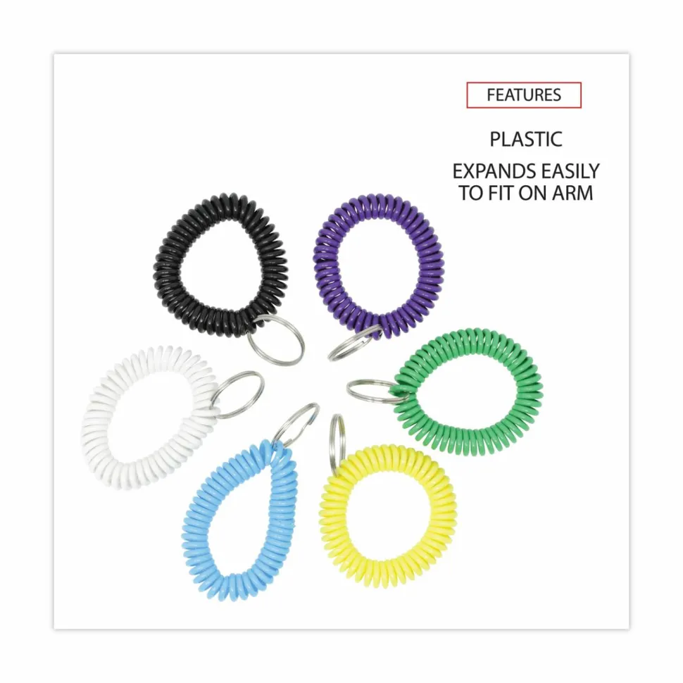 Universal Wrist Coil Plus Key Ring, Plastic, Assorted Colors, 6/Pack