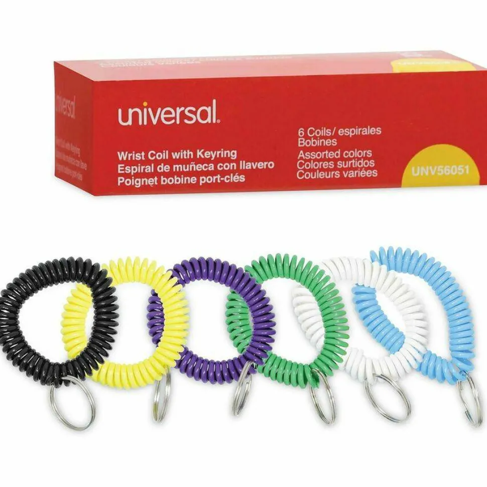 Universal Wrist Coil Plus Key Ring, Plastic, Assorted Colors, 6/Pack