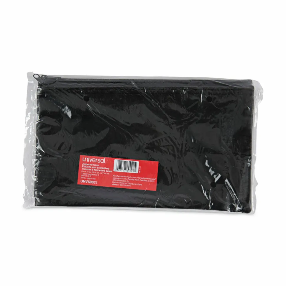 Universal Zippered Wallets/Cases, Leatherette PU, Toothed Zipper Closure, 11" x 6", Black, 2/Pack