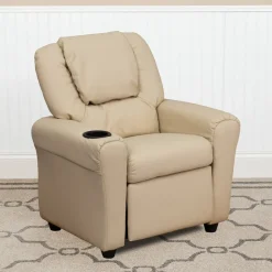 Vana Contemporary Beige Vinyl Kids Recliner with Cup Holder and Headrest