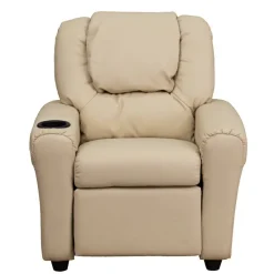 Vana Contemporary Beige Vinyl Kids Recliner with Cup Holder and Headrest
