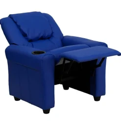 Vana Contemporary Blue Vinyl Kids Recliner with Cup Holder and Headrest