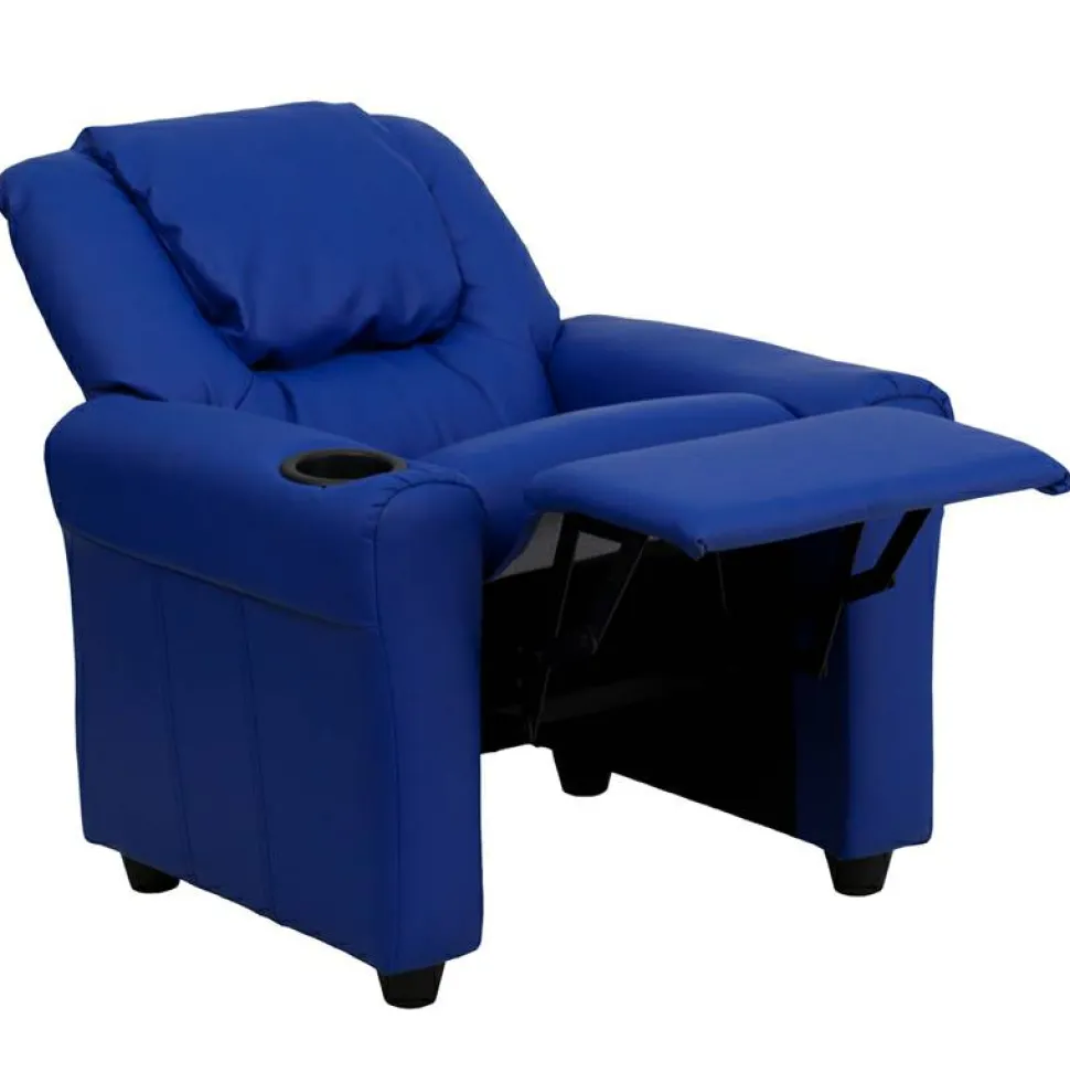 Vana Contemporary Blue Vinyl Kids Recliner with Cup Holder and Headrest