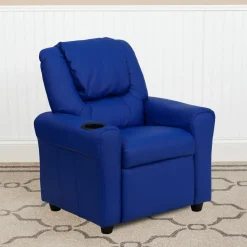 Vana Contemporary Blue Vinyl Kids Recliner with Cup Holder and Headrest