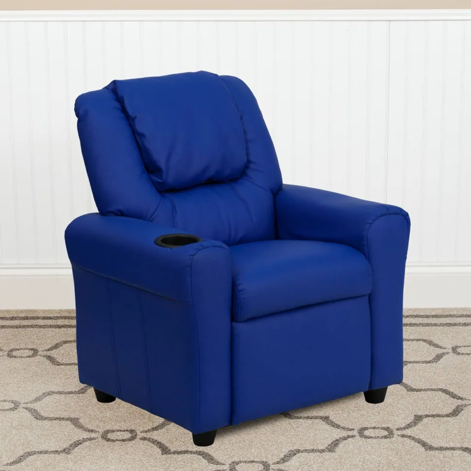 Vana Contemporary Blue Vinyl Kids Recliner with Cup Holder and Headrest