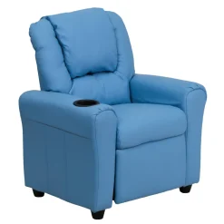 Vana Contemporary Light Blue Vinyl Kids Recliner with Cup Holder and Headrest