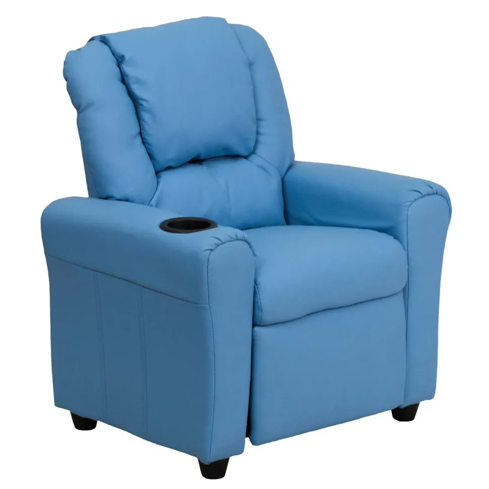 Vana Contemporary Light Blue Vinyl Kids Recliner with Cup Holder and Headrest