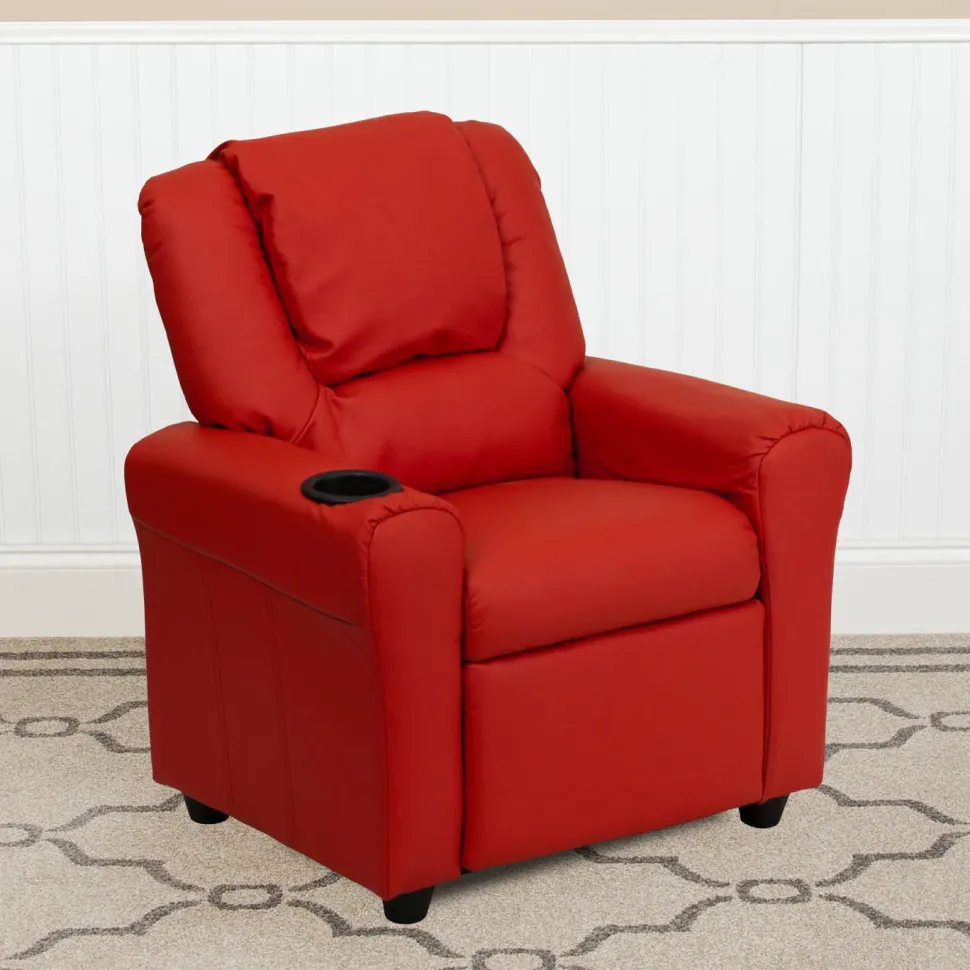 Vana Contemporary Red Vinyl Kids Recliner with Cup Holder and Headrest