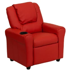Vana Contemporary Red Vinyl Kids Recliner with Cup Holder and Headrest