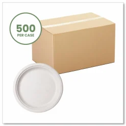Vegware Nourish Molded Fiber Tableware, , Plate, Sugarcane, 10" dia, White, 500/Carton