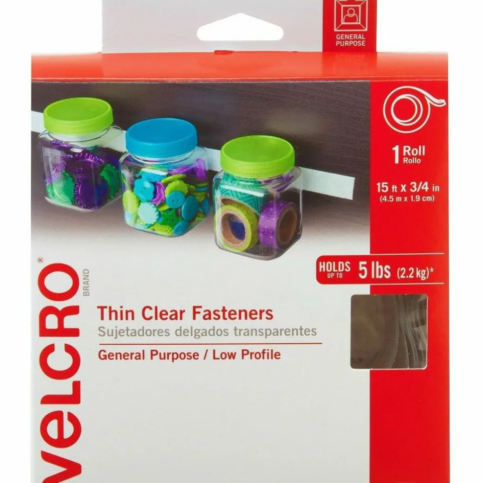 VELCRO Brand Velcro Self Stick Tape Roll With Dispenser Box, Clear, 3/4" x 180"