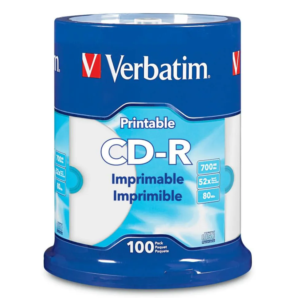 Verbatim CD-R Printable Disc Spindle, Blue/White, Pack Of 100