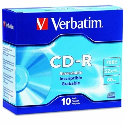 Verbatim CD-R Recordable Disc, 700 MB/80 min, 52x, Slim Jewel Case, Silver, 10/Pack