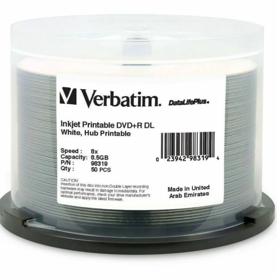 Verbatim DataLifePlus DVD+R Printable Disc Spindle, White, Pack Of 50